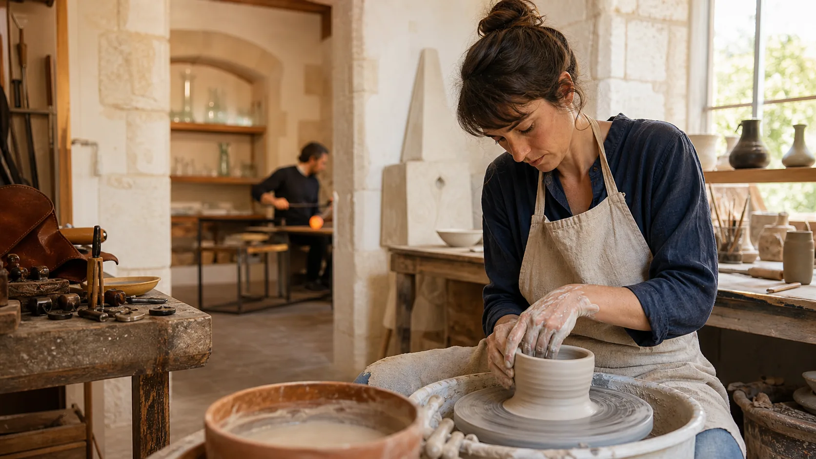 Évocation photographique d’un geste artisanal en atelier